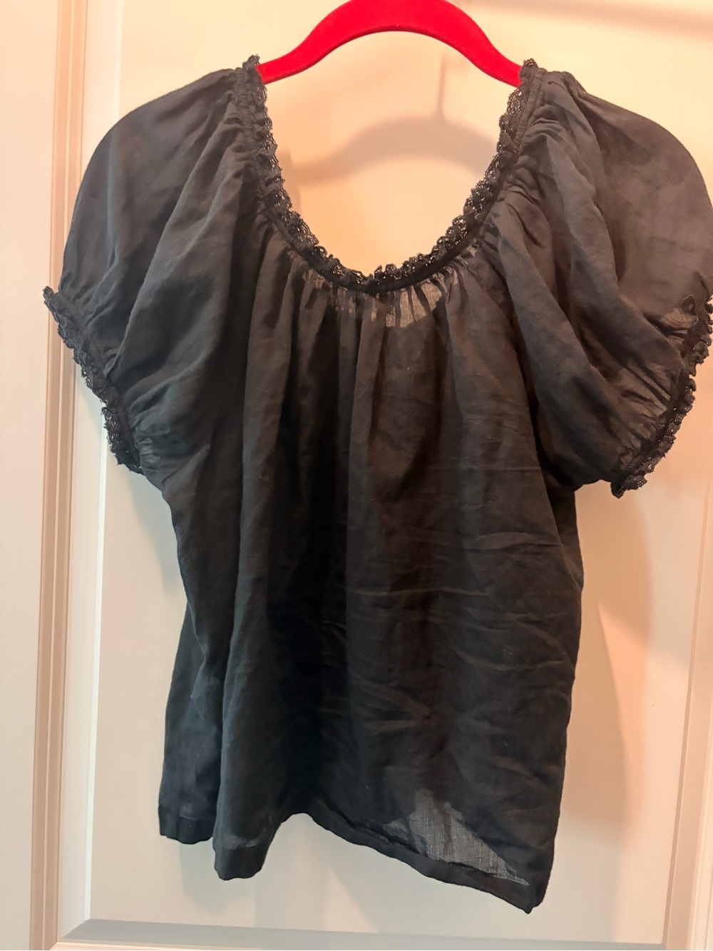 Doen Black Lace-Trim Puff Sleeve Cotton Top - Picture 5 of 5